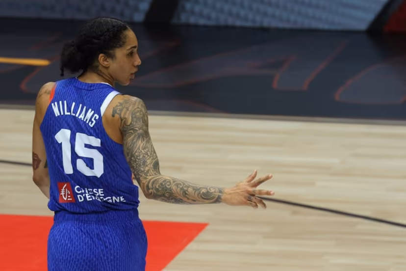 France's forward #15 Gabby Williams reacts during the 2026 FIBA Women's Basketball World Cup final game between the United States and France in Berlin on September 13, 2026. Odd ANDERSEN / AFP