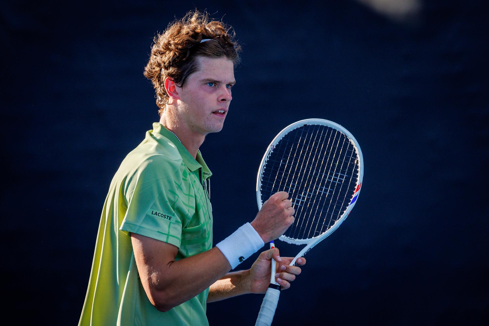 Belgium's Alexander Blockx pictured in action during a first round match in the men's singles against Portuguese Faria at the Australian Open, Melbourne Park, Melbourne on Sunday 18 January 2026. BELGA PHOTO PATRICK HAMILTON --- BENELUX ONLY ---