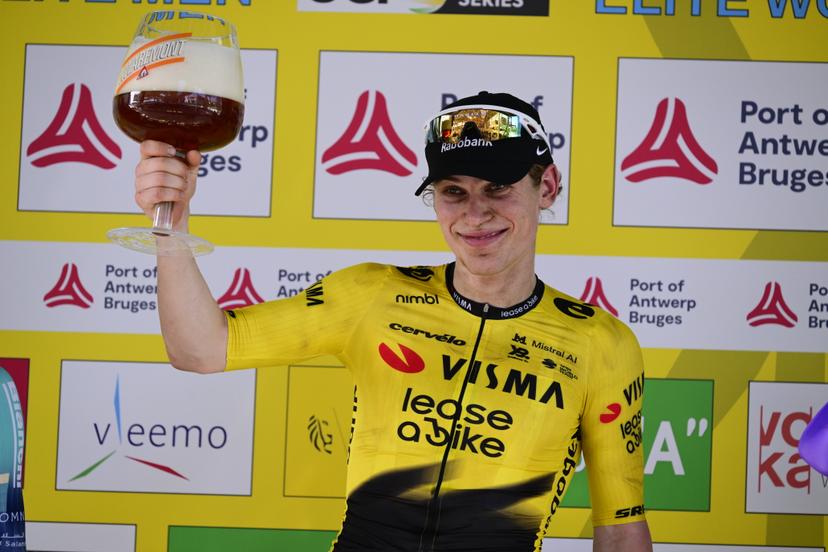 Norwegian Per Strand Hagenes of Team Visma-Lease a Bike pictured on the podium after winning the 'Antwerp Port Epic men's elite one day cycling race, 196,4 km in and around Antwerp, Monday 25 May 2026. BELGA PHOTO TOM GOYVAERTS