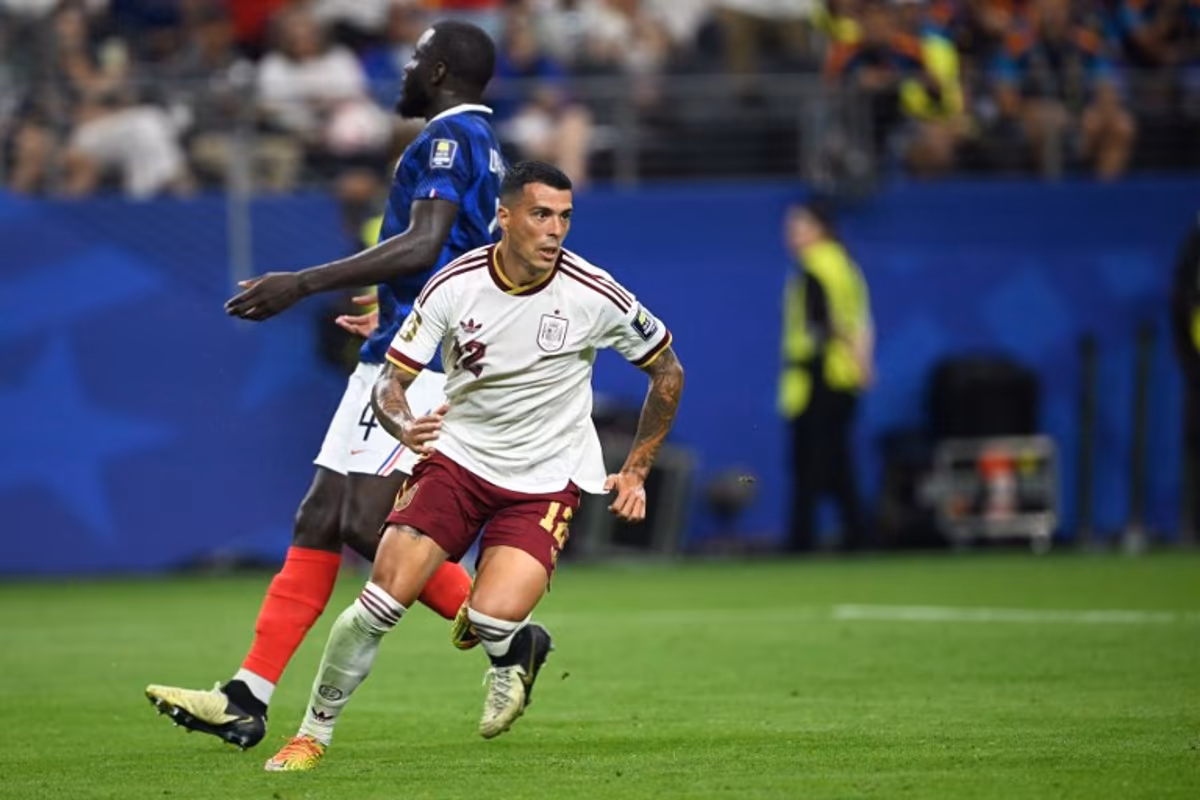 Spain's defender #12 Pedro Porro reacts after he scored his team's second goal during the 2026 World Cup football tournament semi-final match between France and Spain at the Dallas Stadium in Arlington on July 14, 2026. MAURO PIMENTEL / AFP