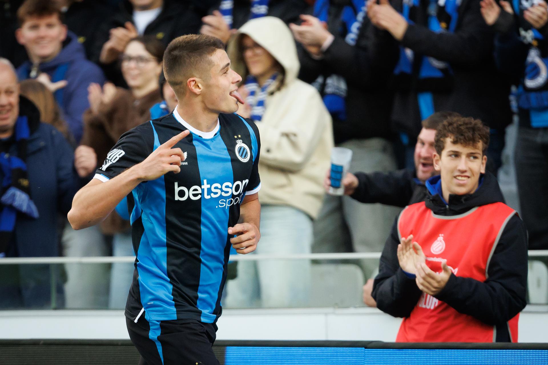 Club's Nicolo Tresoldi celebrates after scoring during a soccer match between Club Brugge and Sint-Truidense VV , Sunday 25 October 2026 in Brugge, on day 9 of the 2026-2027 'Jupiler Pro League' first division of the Belgian championship. BELGA PHOTO KURT DESPLENTER