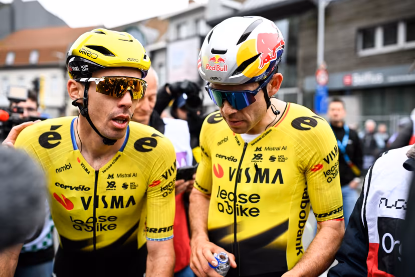 French Christophe Laporte of Team Visma-Lease a Bike and Belgian Wout van Aert of Team Visma-Lease a Bike pictured after the men elite 'Middelkerke-Wevelgem - In Flanders Fields' one day cycling race, 240.8 km from Middelkerke to Wevelgem, on Sunday 29 March 2026. BELGA PHOTO JASPER JACOBS