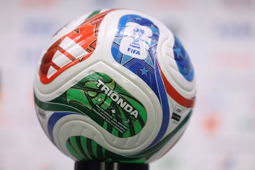 The 2026 World Cup official ball is displayed during a press conference at Monterrey stadium taken in Monterrey, on June 19, 2026, on the eve of the 2026 World Cup Group F football match between Tunisia and Japan. Julio Cesar AGUILAR / AFP