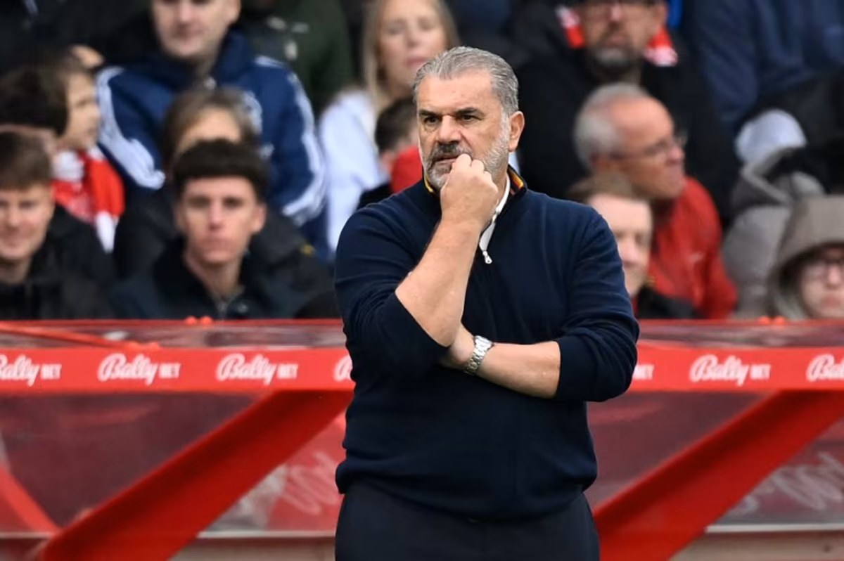 Nottingham Forest's Australian manager Ange Postecoglou reacts during the English Premier League football match between Nottingham Forest and Chelsea at The City Ground in Nottingham, central England, on October 18, 2025. JUSTIN TALLIS / AFP