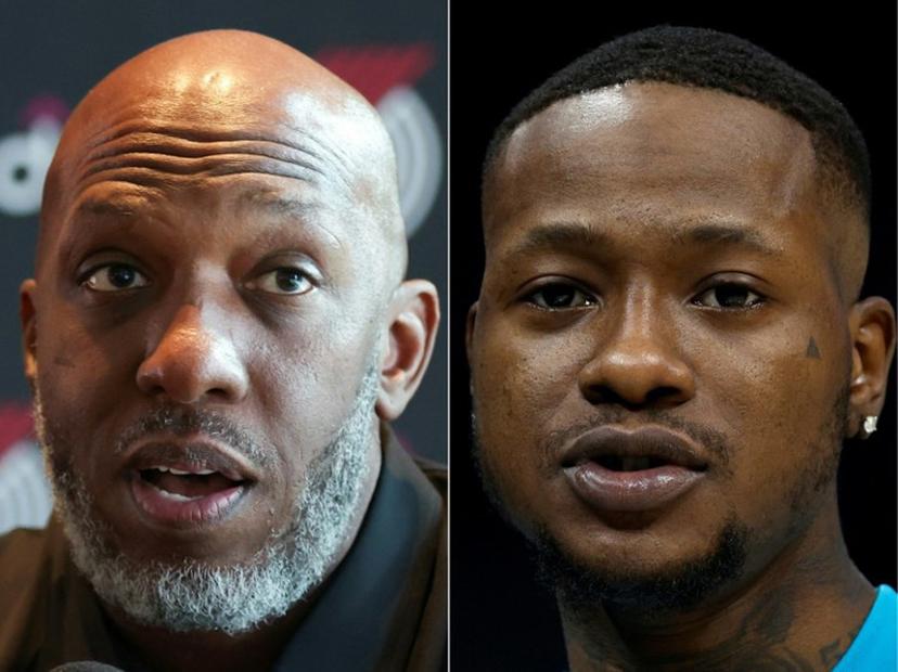 (COMBO) This combination of pictures created on October 23, 2025 shows, L/R, Head coach Chauncey Billups of the Portland Trail Blazers on July 21, 2025 in Portland, Oregon and Terry Rozier on December 29, 2022 in Charlotte, North Carolina. Billups was arrested on October 23, 2025, in connection with an illegal gambling probe. Amanda Loman, Jared C. Tilton / GETTY IMAGES NORTH AMERICA / AFP