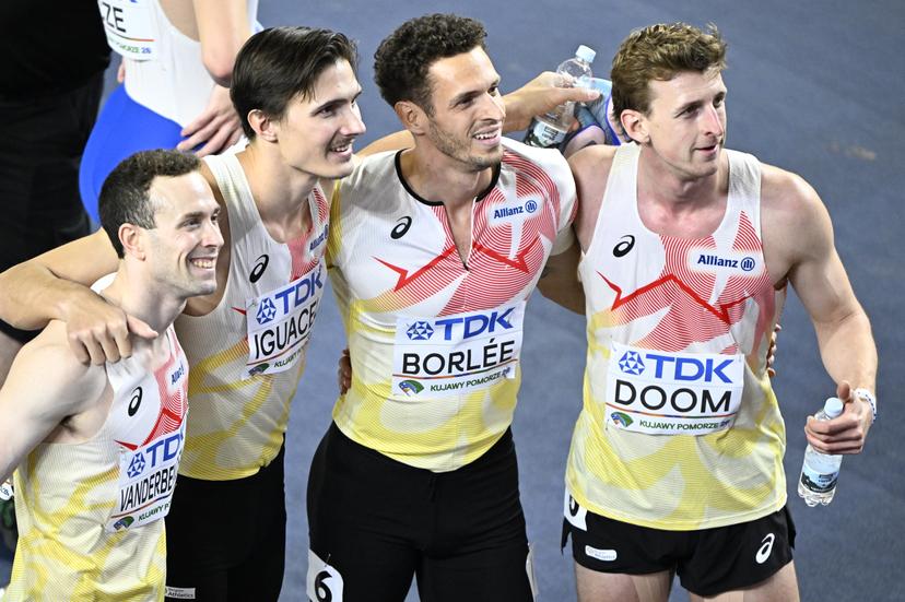 The Belgian Tornados with Robin Vanderbemden, Christian Iguacel, Dylan Borlee, Alexander Doom pictured after the series of the men's 4x400m relay on and the third day of the World Athletics Indoor Championship in Torun, Poland on Sunday 22 March 2026. The championships take place from 20 to 22 March. BELGA PHOTO JASPER JACOBS