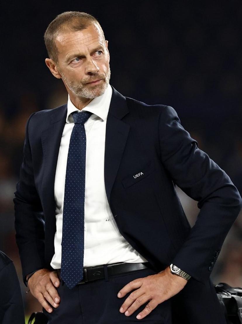 UEFA President Aleksander Ceferin looks on at the end of the UEFA Supercup football match between Champions League winners Paris Saint Germain (PSG) and Europa League winners Aston Villa in Salzburg, Austria on August 12, 2026. FRANCK FIFE / AFP