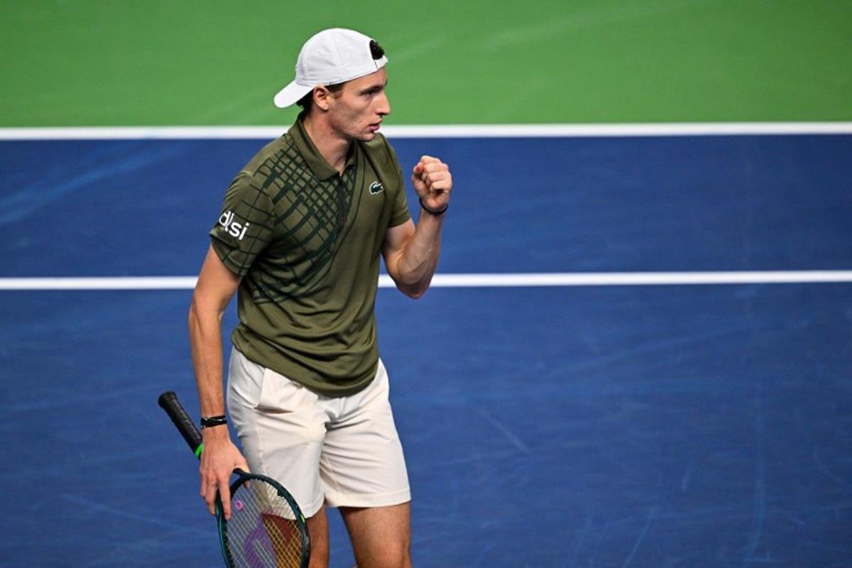 France's Ugo Humbert reacts while playing against Denmark's Holger Rune (not in Picture) during the semi-final of the BNP Paribas Nordic Open tennis tournament at the Royal Swedish Tennis Hall in Stockholm, Sweden, on October 18, 2025. Anders WIKLUND / TT NEWS AGENCY / AFP