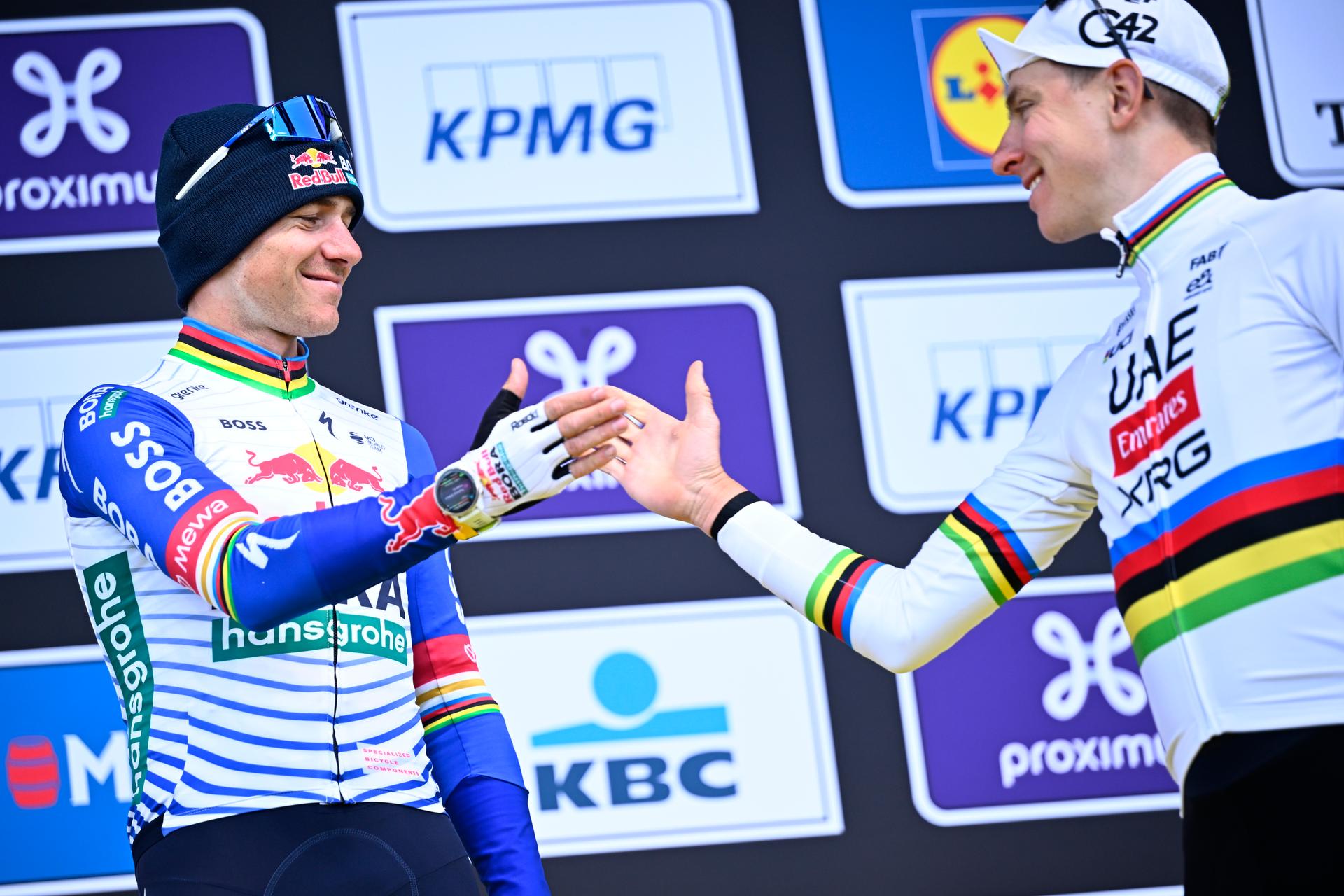 Second Belgian Remco Evenepoel of Red Bull-BORA-hansgrohe and Winner Slovenian Tadej Pogacar of UAE Team Emirates pictured on the podium of the men's race of the 'Ronde van Vlaanderen/ Tour des Flandres/ Tour of Flanders' UCI WorldTour one day cycling race, 278 km from Antwerp to Oudenaarde, Sunday 05 April 2026. BELGA PHOTO JASPER JACOBS