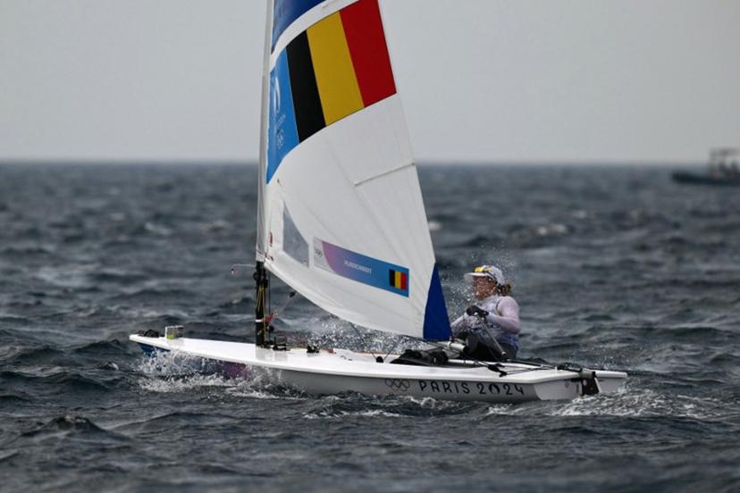 Belgium's Emma Plasschaert competes in the medal race of the women's ILCA 6 single-handed dinghy event during the Paris 2024 Olympic Games sailing competition at the Roucas-Blanc Marina in Marseille on August 7, 2024. Christophe SIMON / AFP