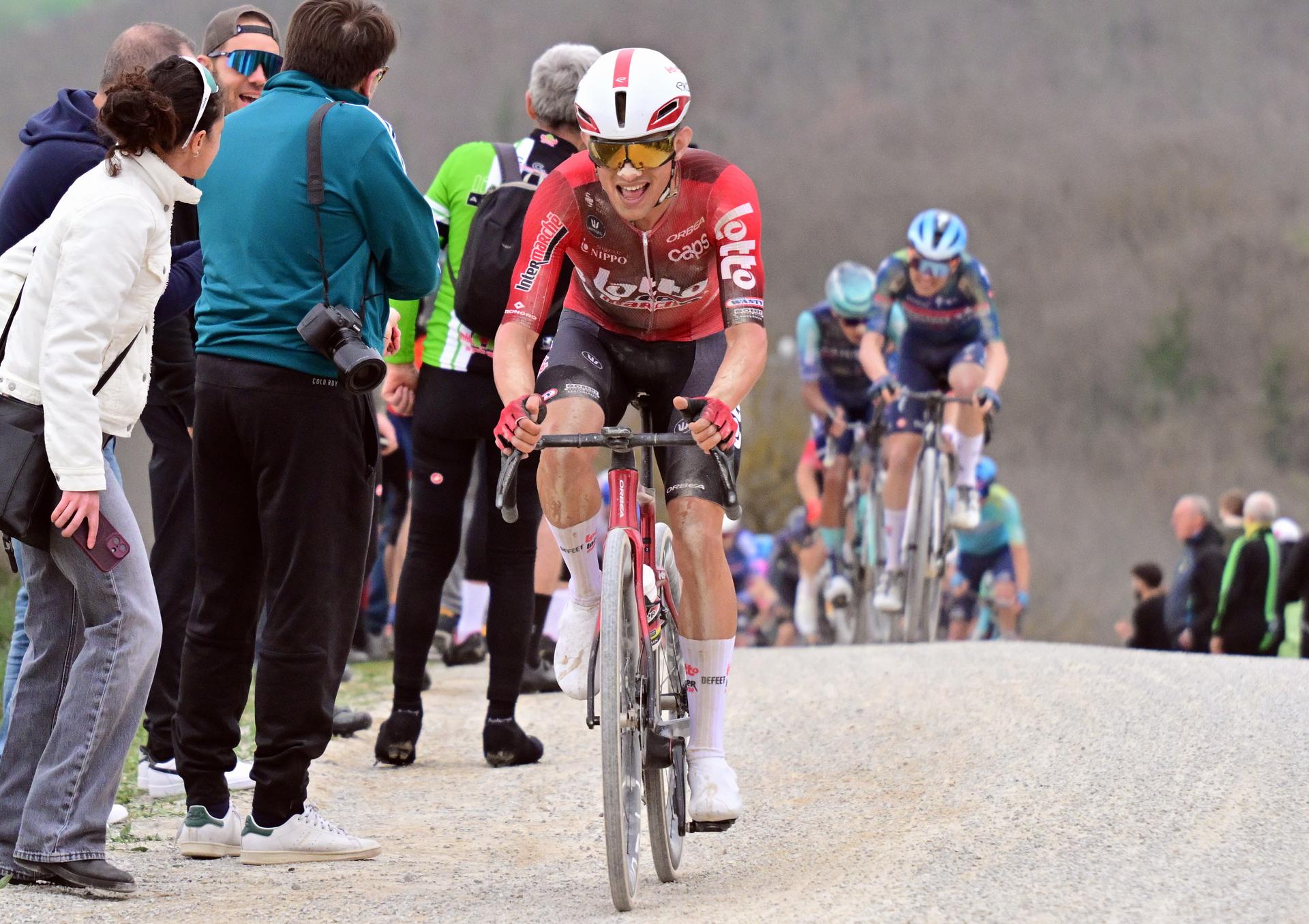 Italian Simone Gualdi of Lotto Intermarche pictured in action during the men elite 'Strade Bianche' one day cycling race, 203km from and to Siena, Italy on Saturday 07 March 2026. BELGA PHOTO DIRK WAEM