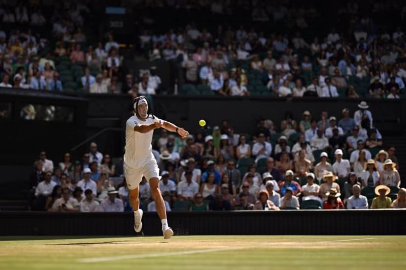 Germany's Alexander Zverev returns to Czech Republic's Jiri Lehecka during their men's singles round of 16 tennis match on the ninth day of the 2026 Wimbledon Championships at The All England Lawn Tennis and Croquet Club in Wimbledon, southwest London, on July 7, 2026. Glyn KIRK / AFP