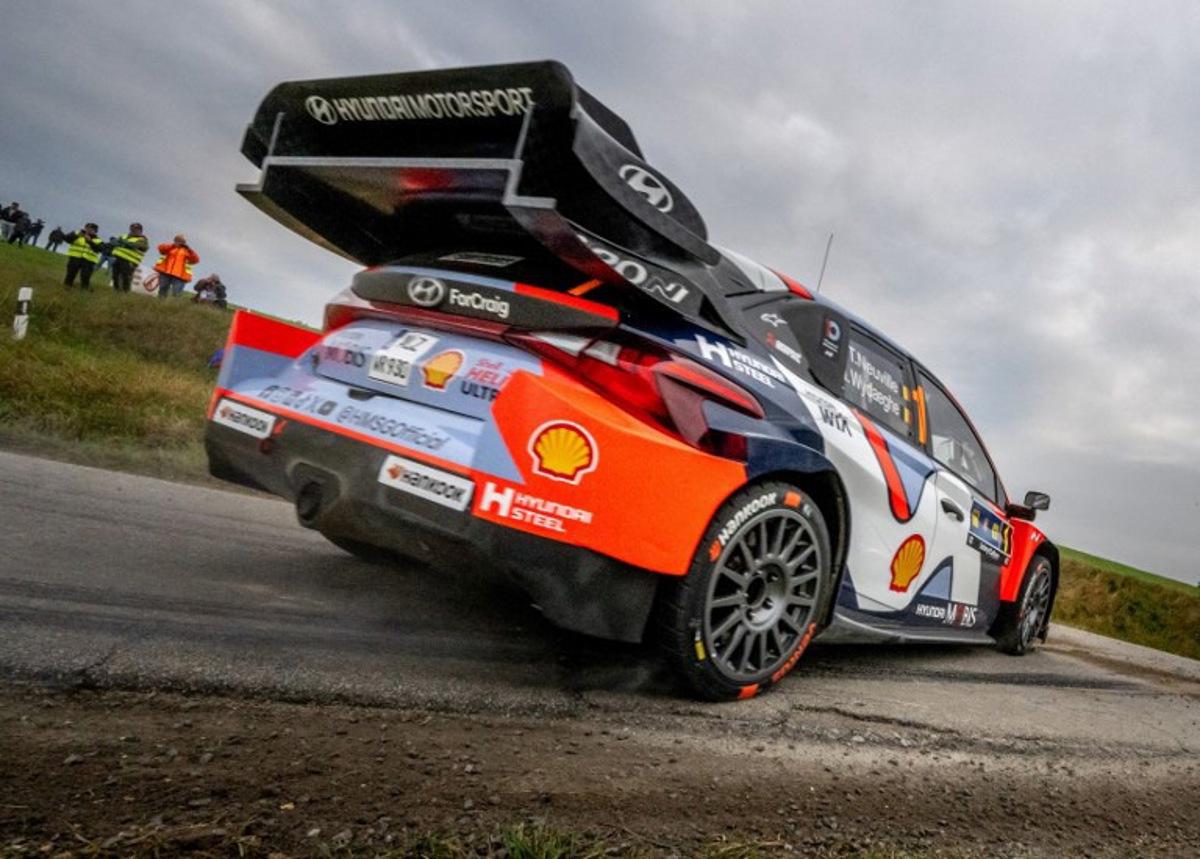 Belgian driver Thierry Neuville and co-driver Martijn Wydaeghe compete in their Hyundai i20 N Rally 1 car during day three of the FIA World Rally Championship WRC Central European Rally at the SS9 "Made in FRG" stage near Roehrnbach close to Passau, southern Germany on October 18, 2025. Joe Klamar / AFP