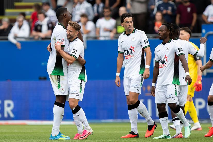 OHL's Wouter George celebrates with teammates after scoring during a soccer match between Oud-Heverlee Leuven and RAAL La Louviere, Saturday 19 September 2026 in Leuven, on day 7 of the 2026-2027 'Jupiler Pro League' first division of the Belgian championship. BELGA PHOTO KRISTOF VAN ACCOM