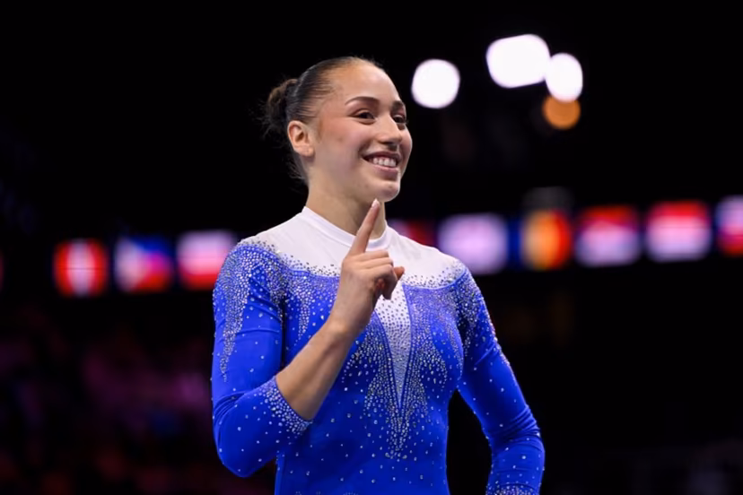 Algeria's Kaylia Nemour celebrates after winning the Women's Uneven Bars Final during the 54th FIG Artistic Gymnastics World Championships, in Rotterdam, southern Netherlands, on October 24, 2026. JOHN THYS / AFP