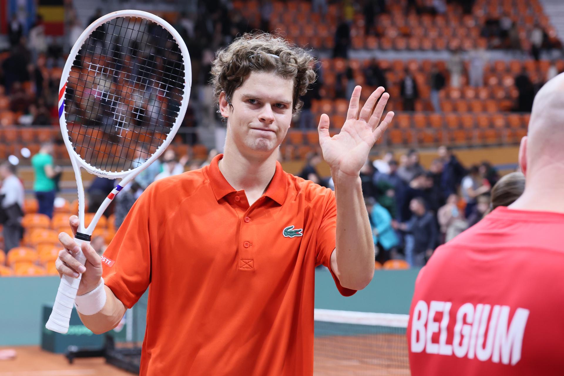 Belgian Alexander Blockx celebrates after winning a tennis match against Bulgarian Radulov, during the qualifier of the Davis Cup on Saturday 07 February 2026, in Plovdiv, Bulgaria. Belgium will compete this weekend in the Davis Cup qualifiers against Bulgaria. BELGA PHOTO BENOIT DOPPAGNE