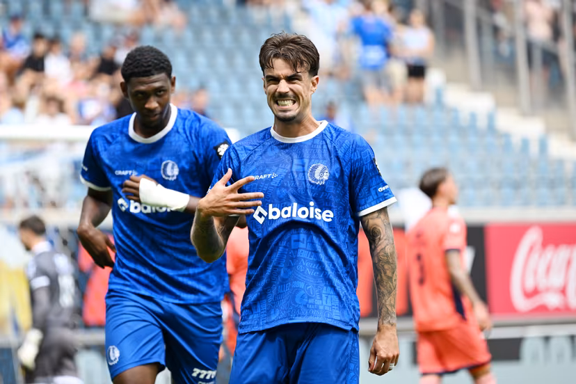 Gent's Araujo Tiago celebrates after scoring the 1-0 goal during a soccer match between KAA Gent and KV Mechelen, Sunday 09 August 2026 in Gent, on day 1 of the 2026-2027 'Jupiler Pro League' first division of the Belgian championship. BELGA PHOTO MAARTEN STRAETEMANS