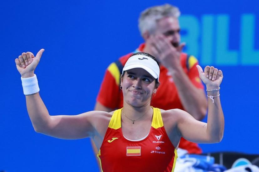 Spain's Jessica Bouzas Maneiro celebrates after beating Kazakhstan's Sonja Zhiyenbayeva in their women's singles quarter-final match at the Billie Jean King Cup tennis tournament in Shenzhen, in China's southern Guangdong province on September 23, 2026. CN-STR / AFP