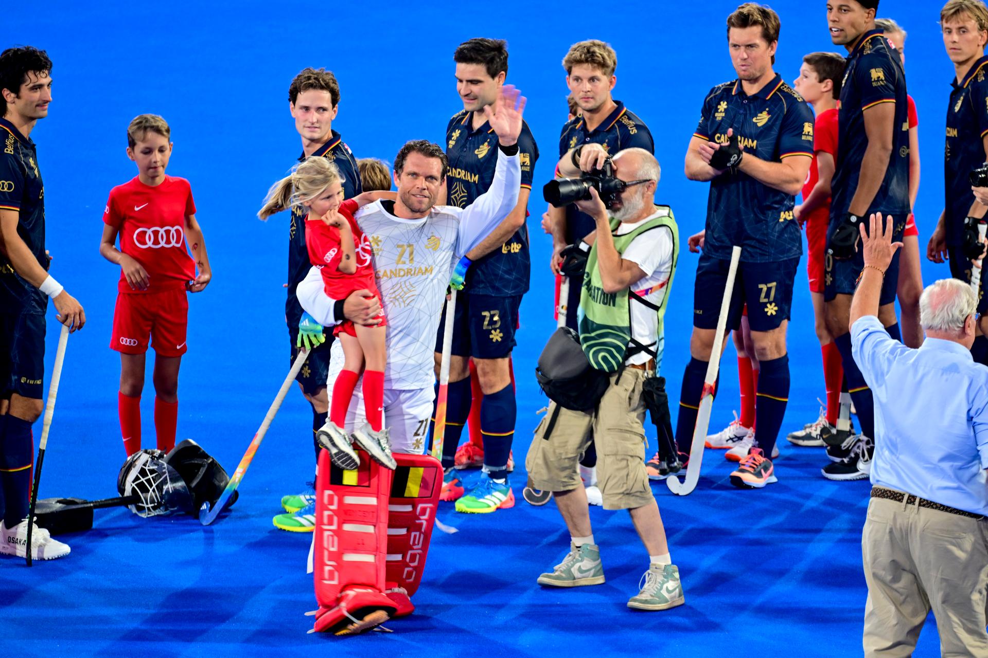 Belgium's goalkeeper Vincent Vanasch is honoured for is 300th cap ahead of a hockey game between Belgian Lions and Germany, the second (out of three) matches during the group stage of the men's 2026 Hockey World Cup, Monday 17 August 2026 in Wavre. The 2026 edition of the Hockey World Cup takes place in Belgium and The Netherlands from August 15 to August 30. BELGA PHOTO DIRK WAEM