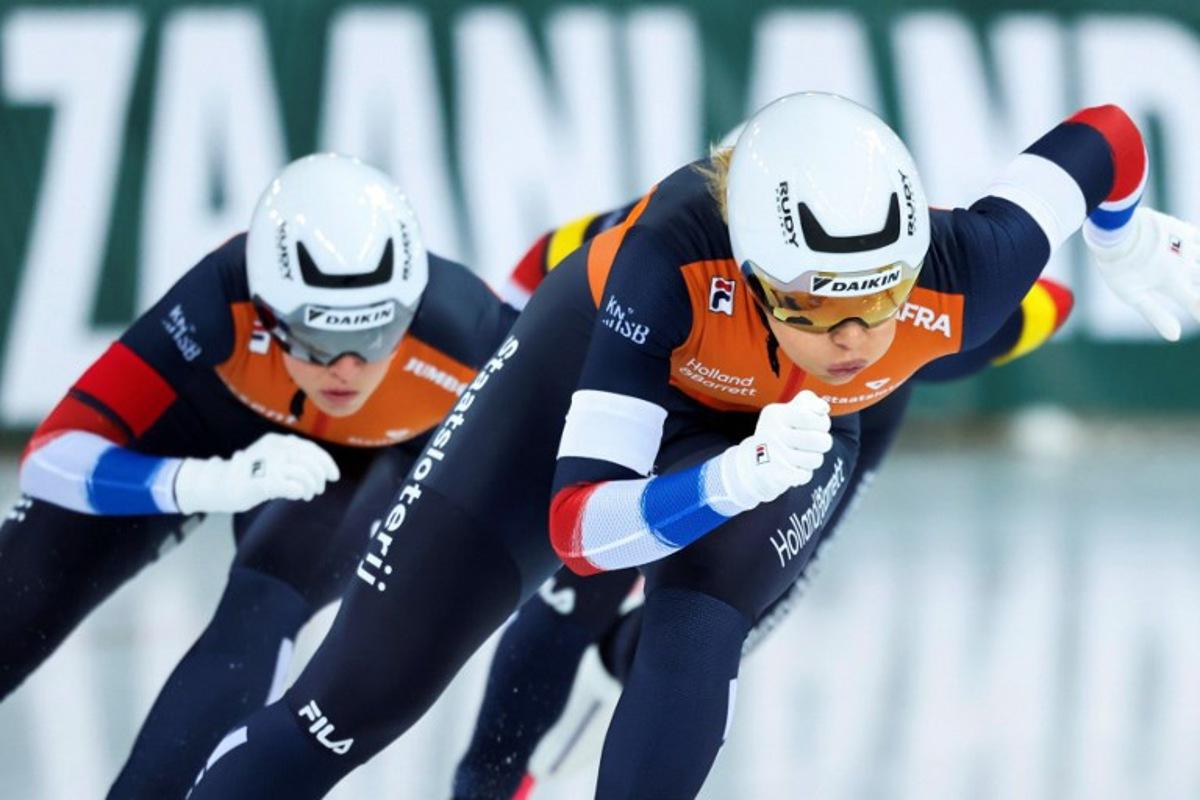 The Netherlands' Jutta Leerdam, Suzanne Schulting and Angel Daleman compete during the women's team sprint race of the ISU World Speed Skating Championships in Hamar, Norway on March 13, 2025. Geir Olsen / NTB / AFP
