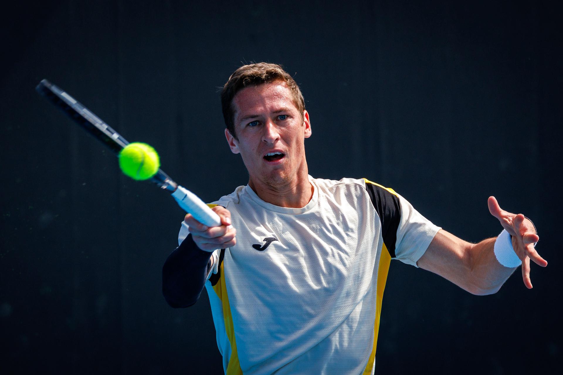 Belgium's Kimmer Coppejans pictured in action during a third round qualifying match in the men's singles against USA's Svajda at the Australian Open, Melbourne Park, Melbourne on Thursday 15 January 2026. BELGA PHOTO PATRICK HAMILTON --- BENELUX ONLY ---