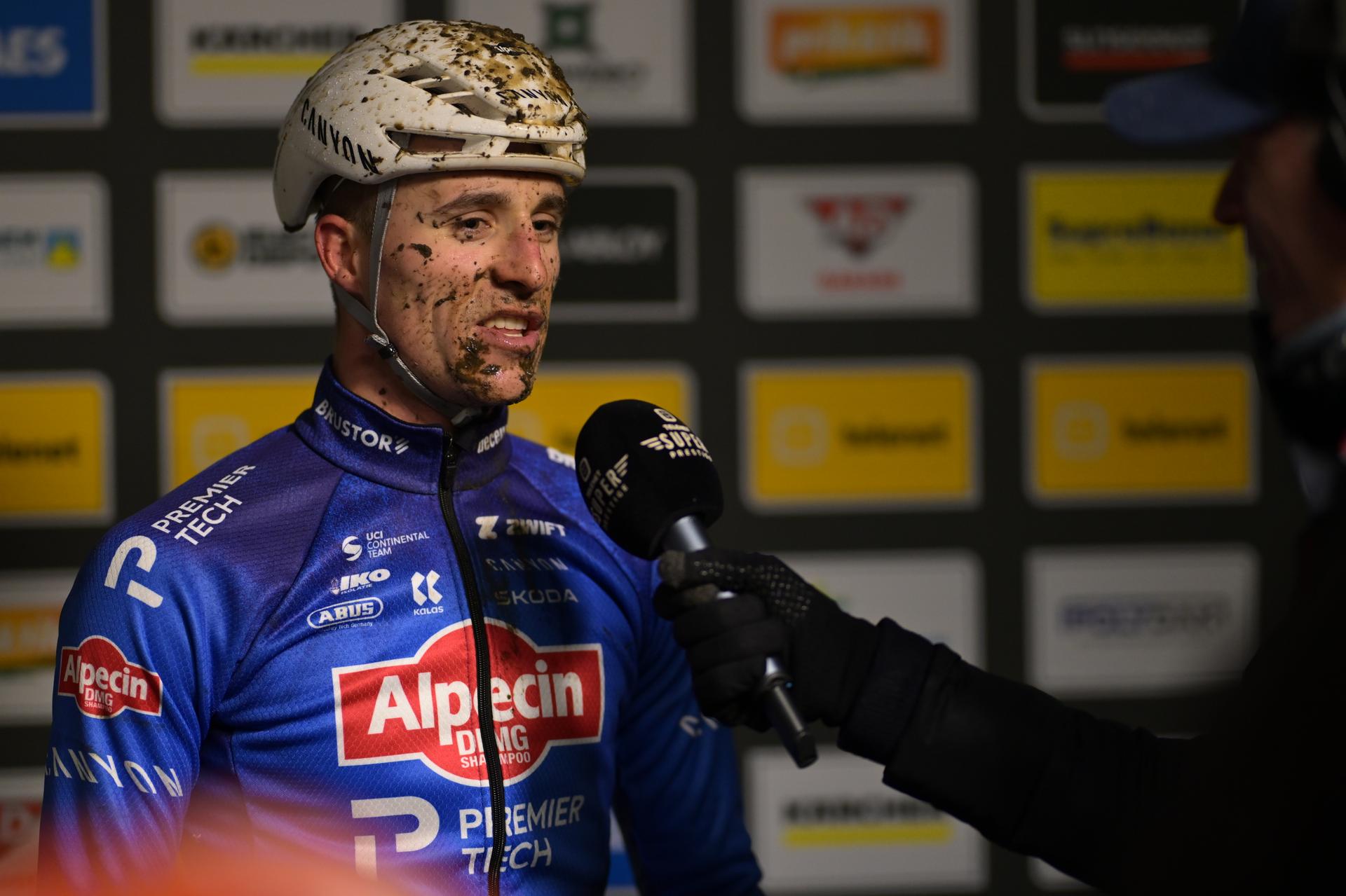 Belgian Niels Vandeputte talks to the press after winning the men elite race at the cyclocross cycling event in Gullegem on Saturday 03 January 2026, stage 7/8 in the Superprestige cyclocross cycling competition BELGA PHOTO DAVID PINTENS