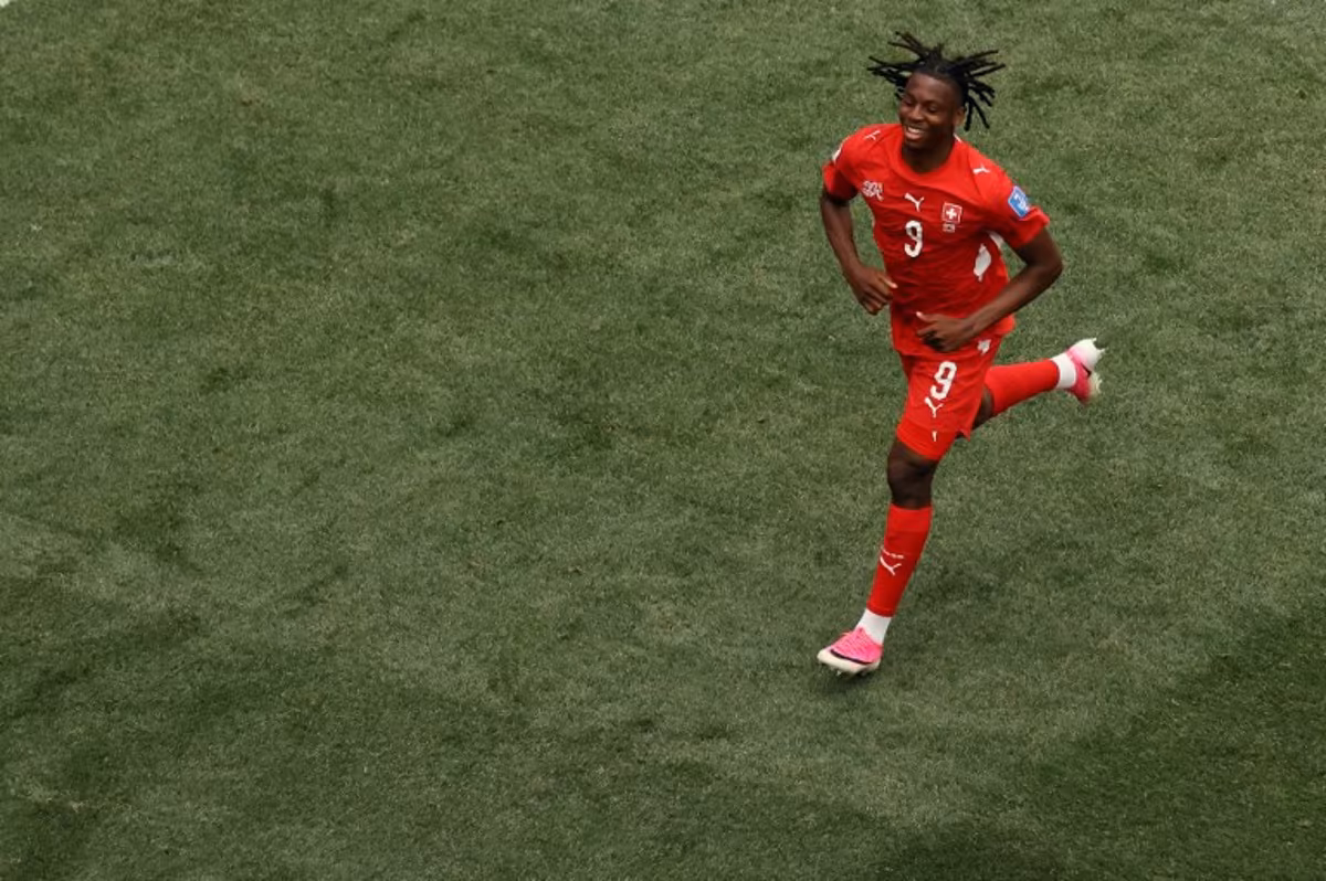 Switzerland's midfielder #09 Johan Manzambi celebrates scoring his team's third goal during the 2026 World Cup Group B football match between Switzerland and Bosnia and Herzegovina at Los Angeles Stadium in Inglewood on June 18, 2026. Etienne Laurent / AFP