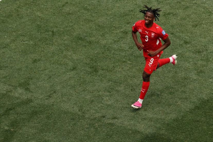 Switzerland's midfielder #09 Johan Manzambi celebrates scoring his team's third goal during the 2026 World Cup Group B football match between Switzerland and Bosnia and Herzegovina at Los Angeles Stadium in Inglewood on June 18, 2026. Etienne Laurent / AFP