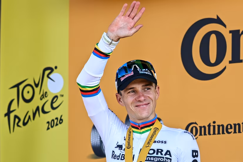 Belgian Remco Evenepoel of Red Bull-BORA-hansgrohe celebrates on the podium after winning the stage 16 of the 2026 Tour de France cycling race, an individual Time Trial stage of 26km from Evian-les-Bains to Thonon-les-Bains, on Tuesday 21 July 2026. The 113th edition of the Tour de France starts on Saturday 4 July in Barcelona, Spain, and will finish in Paris, France on the 26th of July. BELGA PHOTO DAVID PINTENS