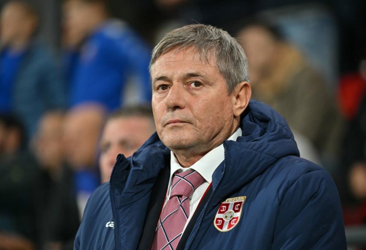 Serbia's headcoach Dragan Stojkovic looks on before the start of the FIFA World Cup 2026 Group K qualification football match between Serbia and Albania at the Dubocica Stadium in Leskovac on October 11, 2025. Andrej ISAKOVIC / AFP
