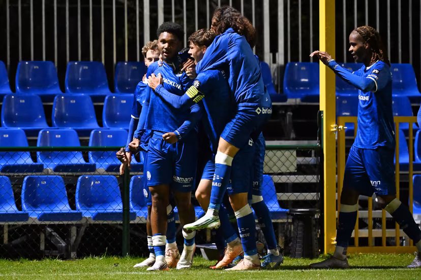 Jong Gent's Jemiah Umolu celebrate after scoring the 3-2 goal during a soccer match between Jong KAA Gent and FCV Rfc Seraing, Sunday 11 October 2026 in Gent, on day 7 of the 2026-2027 'Challenger Pro League' second highest division of the Belgian championship. BELGA PHOTO MAARTEN STRAETEMANS