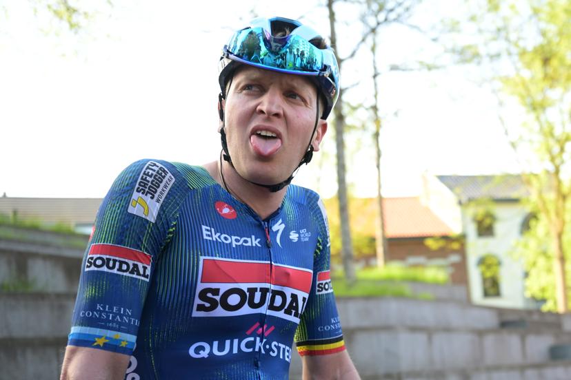 Belgian Tim Merlier of Soudal Quick-Step celebrates after winning the 'Ronde Van Limburg' one day cycling race, from Hasselt to Tongeren-Borgloon (178,4 km) on Wednesday 15 April 2026. BELGA PHOTO DAVID PINTENS