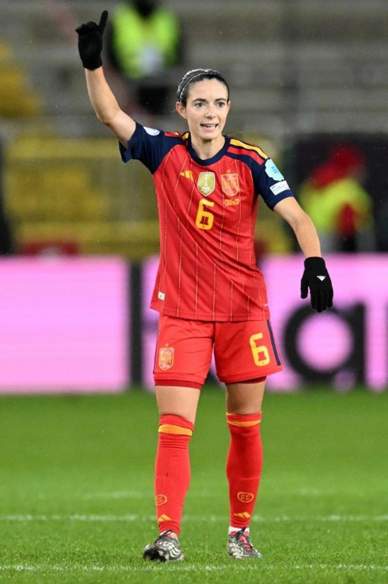 Spain's midfielder #06 Aitana Bonmati reacts during UEFA Women's Nations League first leg final football match between Germany and Spain in Kaiserslautern, western Germany on November 28, 2025. THOMAS KIENZLE / AFP