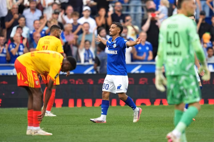 Strasbourg's Moroccan forward #80 Gessime Yassine celebrates his team's first goal during the French L1 football match between RC Strasbourg Alsace and RC Lens at the Stade de la Meinau in Strasbourg, eastern France, on August 29, 2026. SEBASTIEN BOZON / AFP