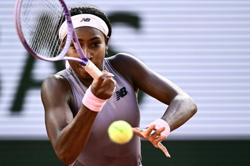 US Coco Gauff plays a forehand return to Austria's Anastasia Potapova during their women's singles match on day 7 of the French Open tennis tournament on Court Philippe-Chatrier at the Roland-Garros Complex in Paris on May 30, 2026. JULIEN DE ROSA / AFP