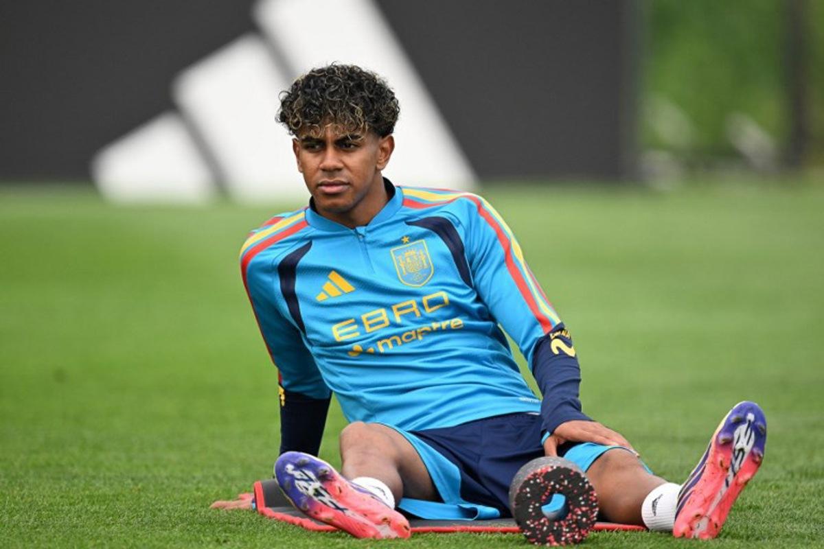 Spain's forward #19 Lamine Yamal takes part in a training session at Melanie Lane Training Grounds in East Hanover, New Jersey, on July 16, 2026, ahead of the 2026 World Cup football tournament final match between Spain and Argentina. MAURO PIMENTEL / AFP