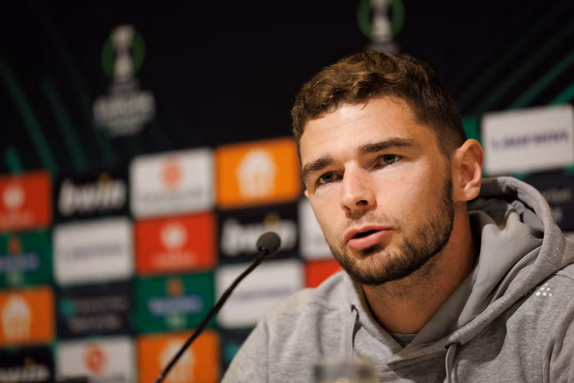 Gent's Hugo Cuypers pictured during a press conference of Belgian soccer team KAA Gent, Wednesday 25 October 2023 in Gent. The team is preparing for tomorrow's game against Icelandic Breidablik, on day 3 of the group phase of the UEFA Conference League competition, in group B. BELGA PHOTO KURT DESPLENTER