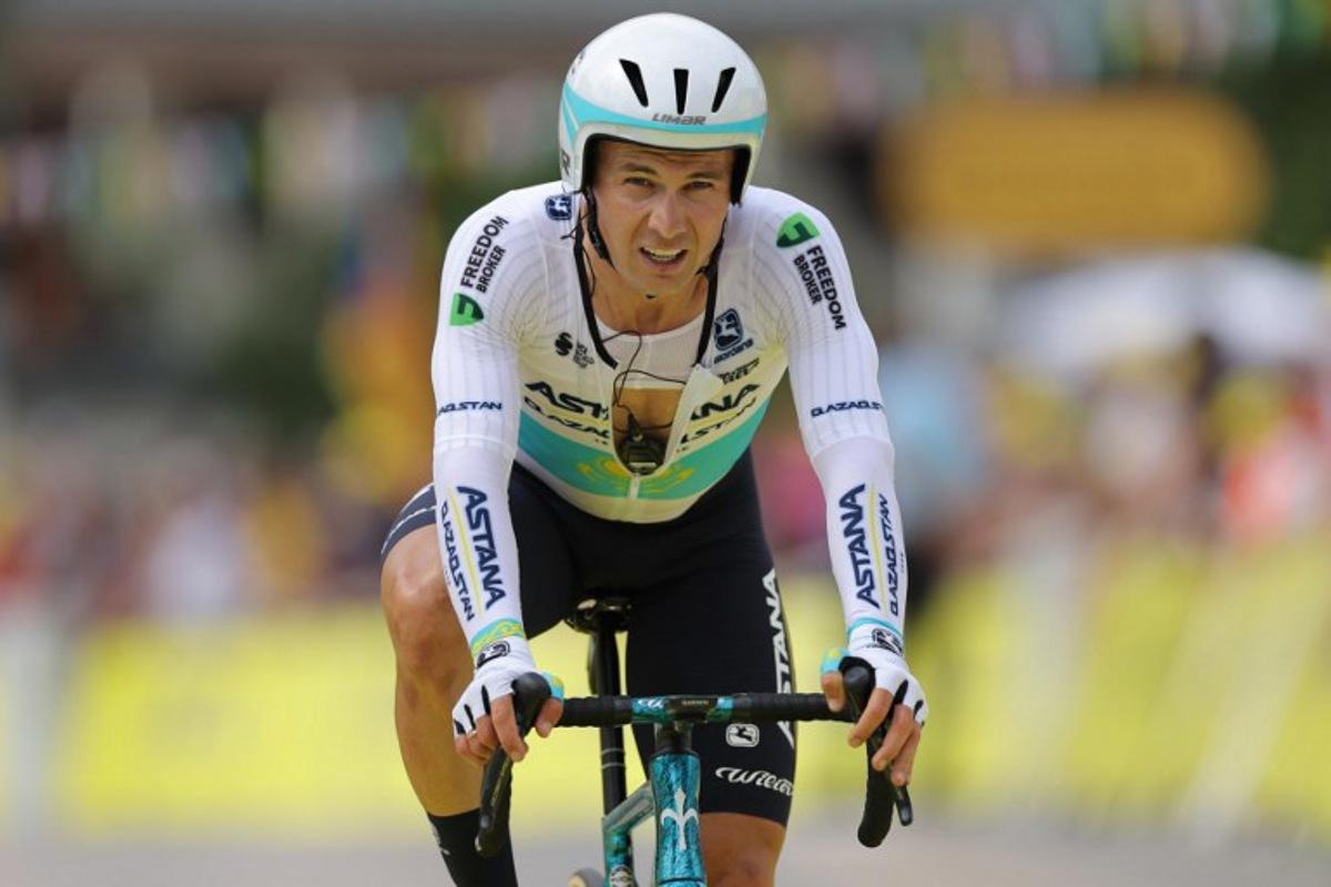 Astana Qazaqstan Team's Kazakh rider Alexey Lutsenko cycles to the finish line during the 16th stage of the 110th edition of the Tour de France cycling race, 22 km individual time trial between Passy and Combloux, in the French Alps, on July 18, 2023. Thomas SAMSON / AFP