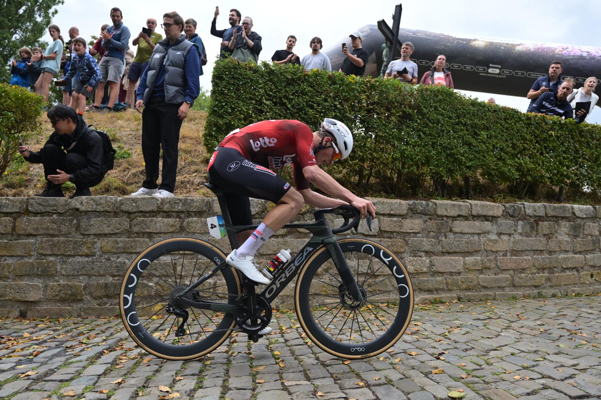 Belgian Jenno Berckmoes of Lotto-Intermarche pictured in action at stage three of the 'Renewi Tour' multi-stage cycling race, from Celles to Geraardsbergen (182 km) on Friday 21 August 2026. The five-day race takes place from 19 to 23/08. BELGA PHOTO DAVID PINTENS