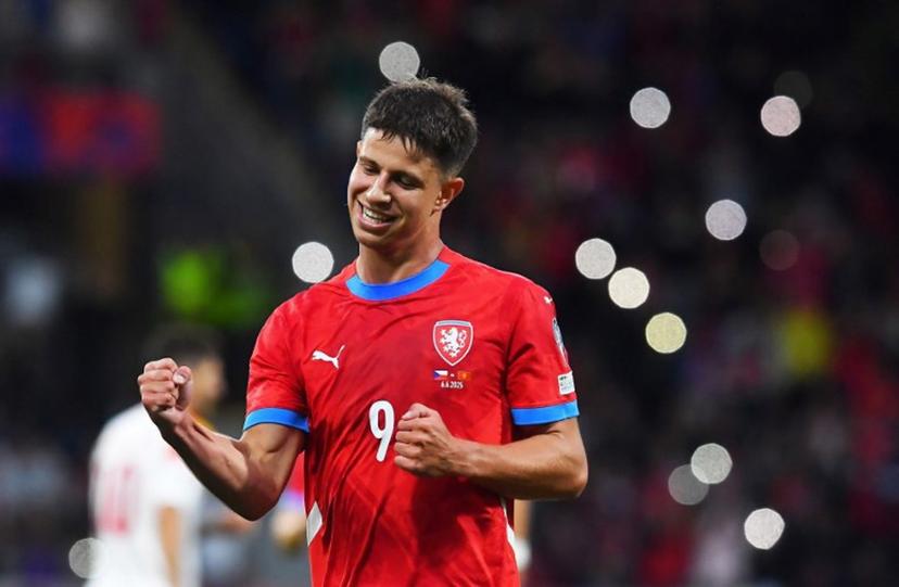 Czech Republic's forward #09 Adam Hlozek celebrates scoring the opening goal during the 2026 FIFA World Cup Qualifying Group L football match between between Czech Republic and Montenegro in Plzen on June 6, 2025. Michal Cizek / AFP