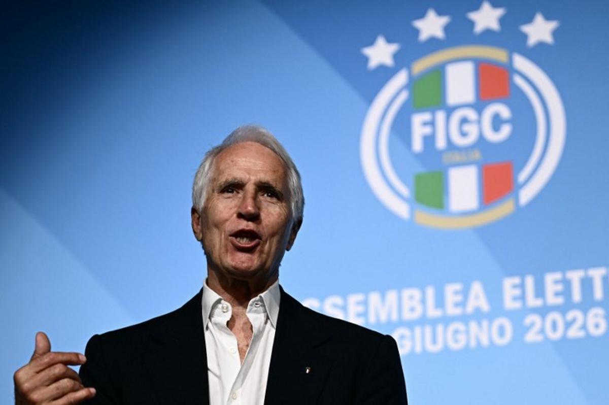 The newly elected President of the Italian Football Federation (FIGC), Giovanni Malago, gives a press conference after his election in Rome on June 22, 2026. Filippo MONTEFORTE / AFP