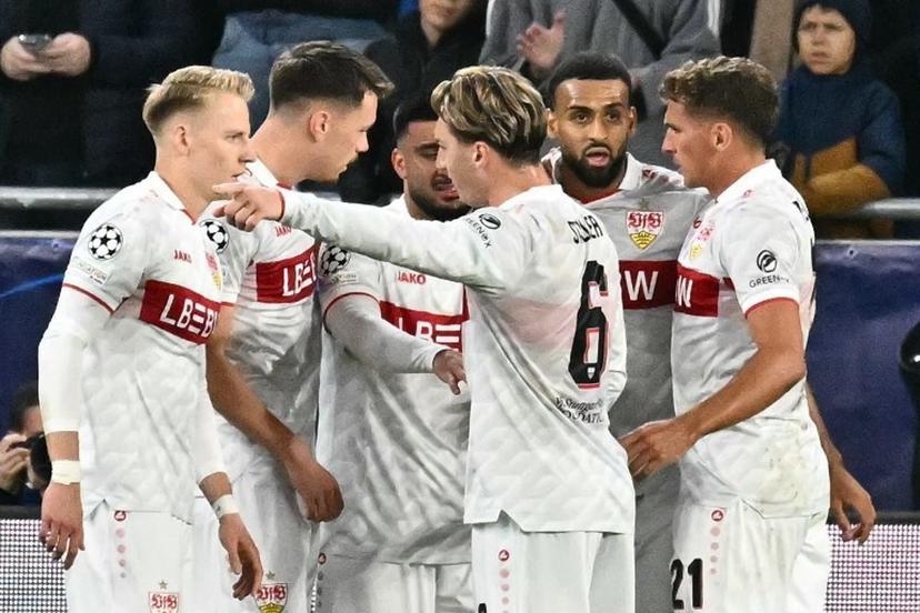 Stuttgart's German forward #26 Deniz Undav celebrates scoring his team's first goal with his team mates during the UEFA Champions League - 1st round day 2 - football match SK Slovan Bratislava v VfB Stuttgart in Bratislava, Slovakia on October 14, 2026. Joe Klamar / AFP