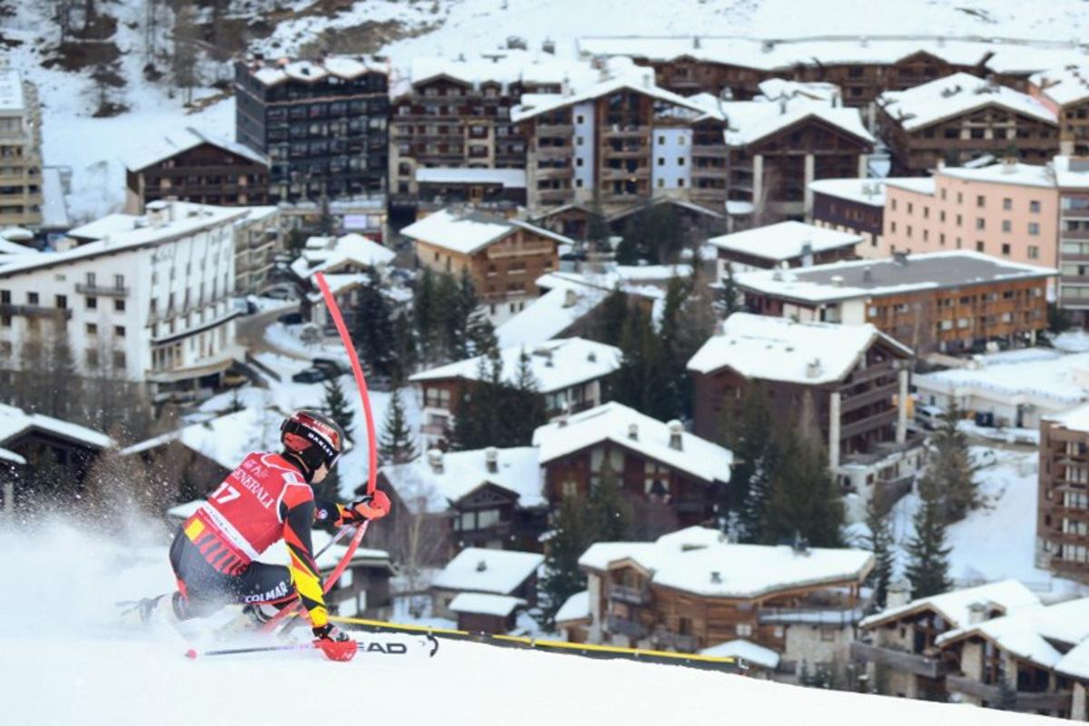 Belgium's Armand Marchant competes during the first run of the Men's Slalom event of the FIS Alpine Skiing World Cup in Val d'Isere, on December 14, 2025. Olivier CHASSIGNOLE / AFP