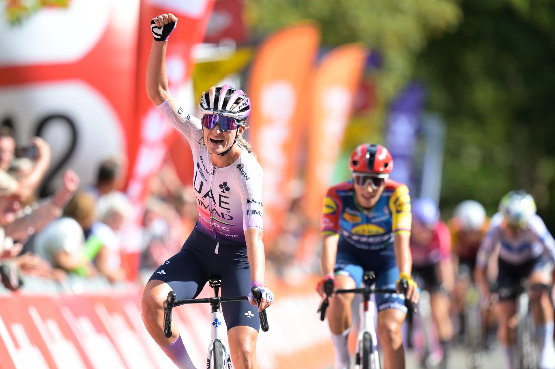 Dutch Karlijn Swinkels of UAE Team ADQ celebrates as she crosses the finish line to win the one day cycling race Grand Prix de Wallonie 2026 (127,5 km), in Namur, on Wednesday 16 September 2026. BELGA PHOTO DAVID PINTENS