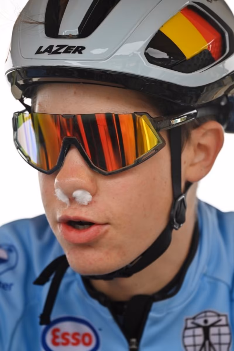 Belgium's Sverre van Lee prepares to get underway at the start of the mixed team relay mountain bike cross-country race at the Cycling World Championships in Glentress Forest, Scotland on August 9, 2023. ANDY BUCHANAN / AFP