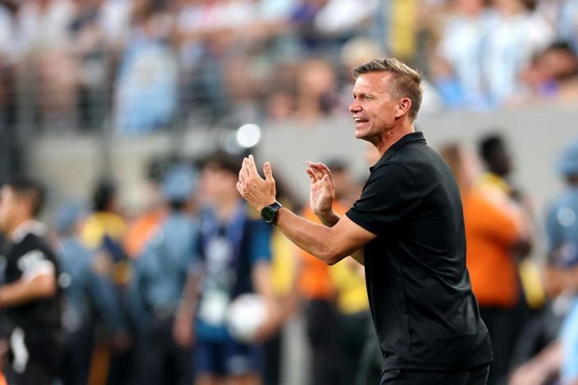 Canada's US coach Jesse Marsch shouts instructions to his players from the touchline during the Conmebol 2024 Copa America tournament semi-final football match between Argentina and Canada at MetLife Stadium, in East Rutherford, New Jersey on July 9, 2024. CHARLY TRIBALLEAU / AFP