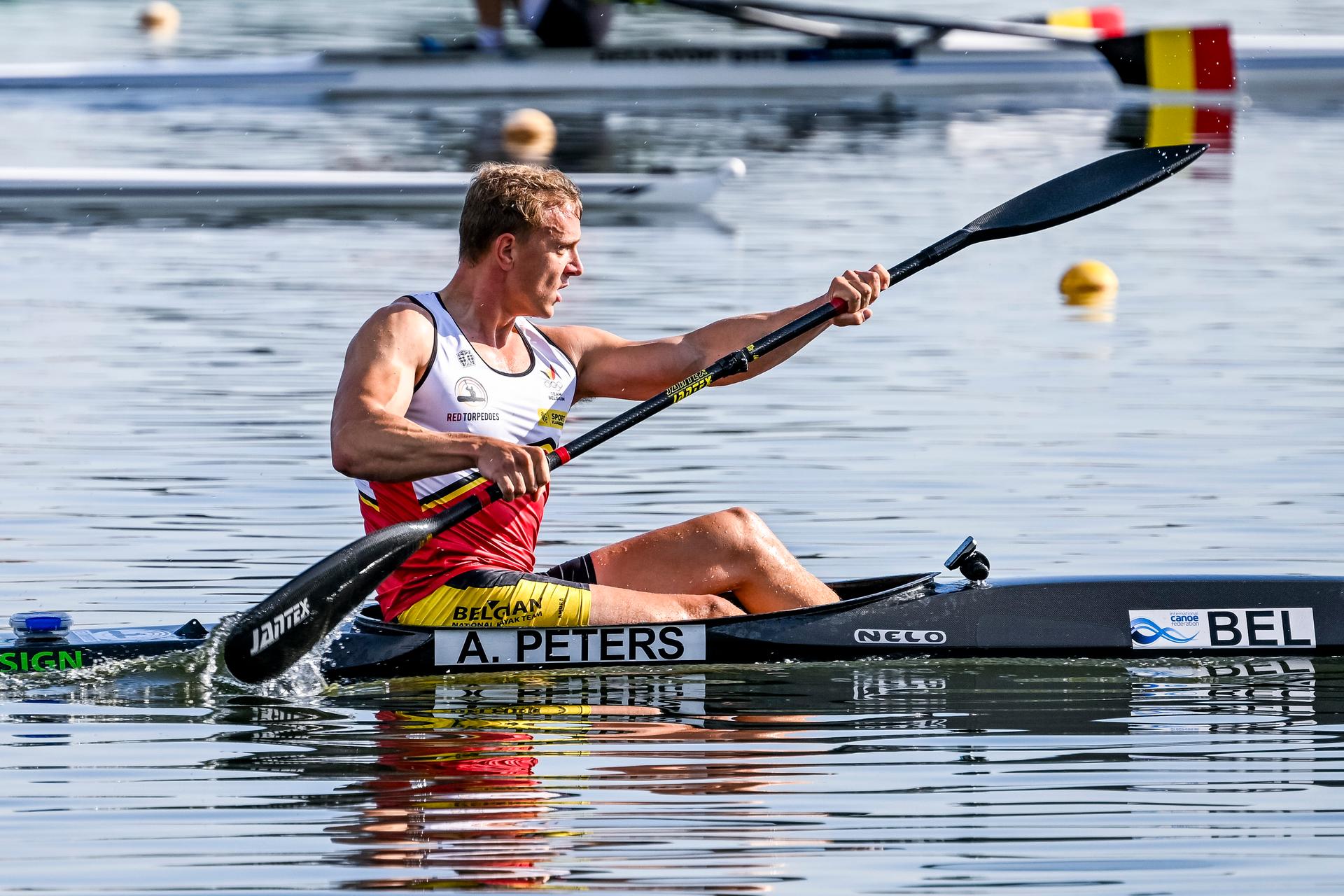 Red Torpedoes' kayaker Artuur Peters pictured in action during a training session ahead of and a press conference organized by the Vlaamse Roeiliga and Peddelsport Vlaanderen, ahead of the Olympic Games in Parijs 2024, Friday 11 August 2023 in Willebroek. During this press conference, the selection criteria and the athletes towards the Paris Olympics will be presented. BELGA PHOTO TOM GOYVAERTS