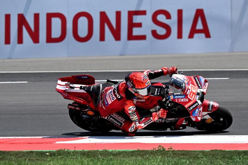 Ducati Lenovo Team rider Marc Marquez of Spain takes part in a free practice ahead of the MotoGP Indonesian Grand Prix at the Mandalika International Circuit in Mandalika on October 9, 2026. SONNY TUMBELAKA / AFP
