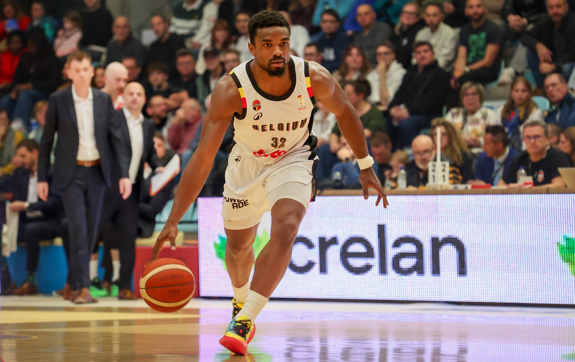 Belgium's Retin Obasohan fights for the ball during a basketball match between Belgian national team Belgian Lions and Hungary, Monday 01 December 2025 in Mons, qualifier 2/6 for the men's 2027 FIBA World Championships. BELGA PHOTO VIRGINIE LEFOUR