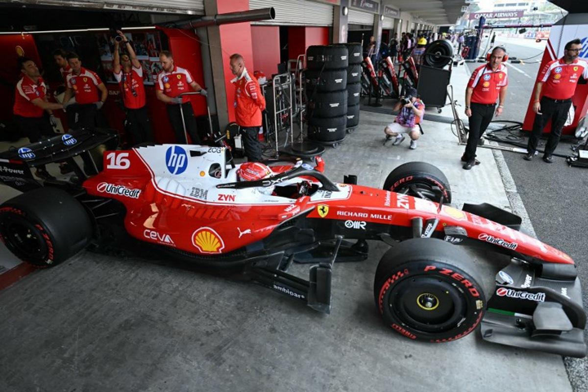 Ferrari's Monegasque driver Charles Leclerc leaves the garage during the first practice session of the Mexico City Formula One Grand Prix at the Hermanos Rodriguez racetrack in Mexico City on October 30, 2026. YURI CORTEZ / AFP